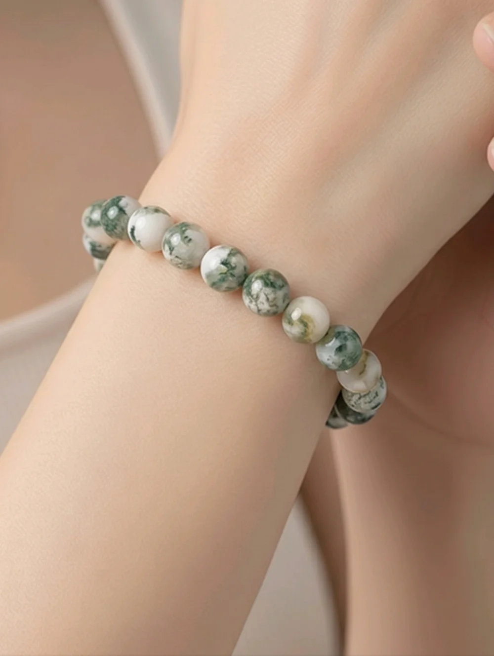 Tree Agate Beaded Bracelet Natural Stone Green White Healing Crystal Stretch